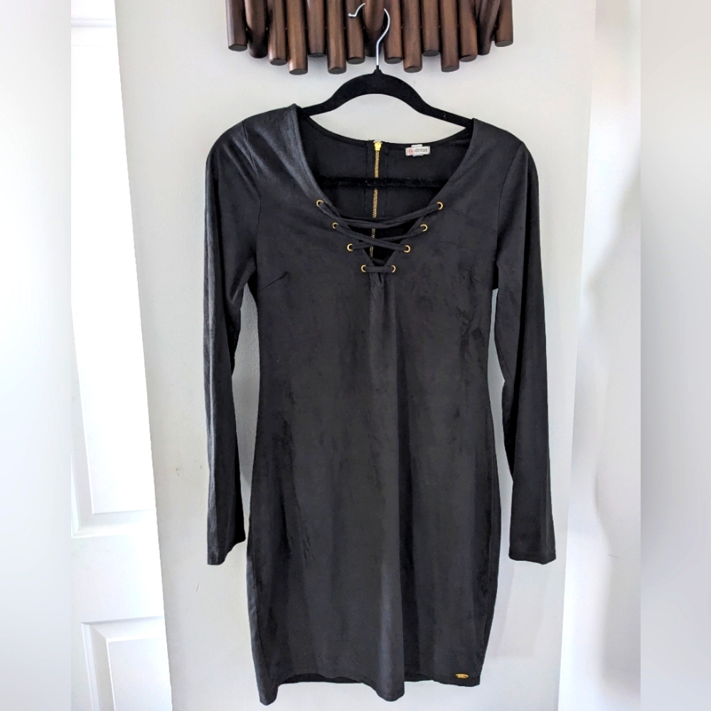 Guess women's suede bodycon black midi dress with gold- Size US M-  NWOT